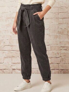 Forever 21 Womens Sz Large Black Corduroy High Waisted Belted Pants Barrel Ankle